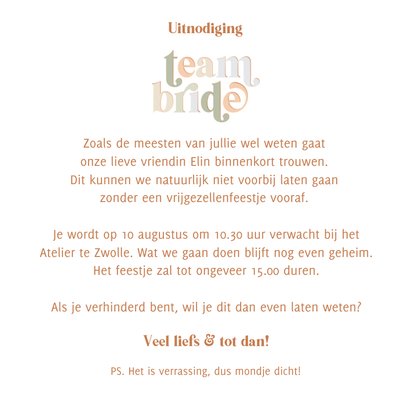 Uitnodiging vrijgezellenfeestje Team Bride met confetti 3