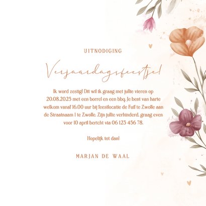 Uitnodiging waterverf bloemen met foto en koperen hartjes 3