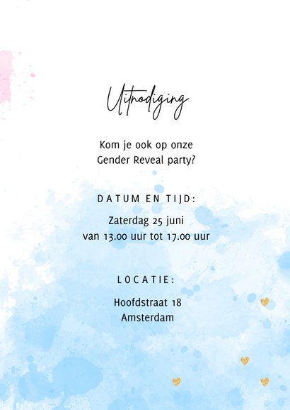 Uitnodiging waterverf hartjes gender reveal party 3