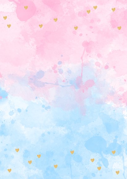 Uitnodiging waterverf hartjes gender reveal party Achterkant