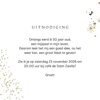 Uitnodiging 'We mogen weer!' goud muzieknoot spetters 3