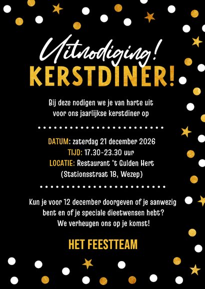 Uitnodiging zakelijk kerstdiner met confetti in goudfolie 3