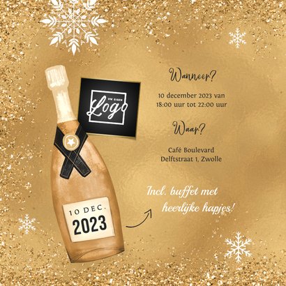 Uitnodiging zakelijke kerstborrel champagne goud sneeuw 2