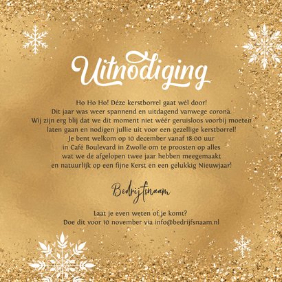 Uitnodiging zakelijke kerstborrel champagne goud sneeuw 3