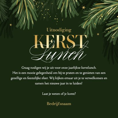 Uitnodiging zakelijke kerstlunch goud sterren dennentakjes 3