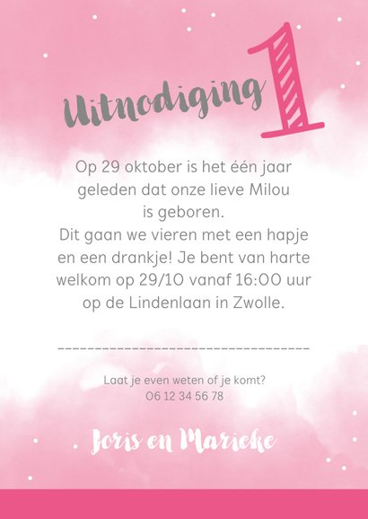 Uitnodigingskaart 1 jaar roze met eigen foto's 3