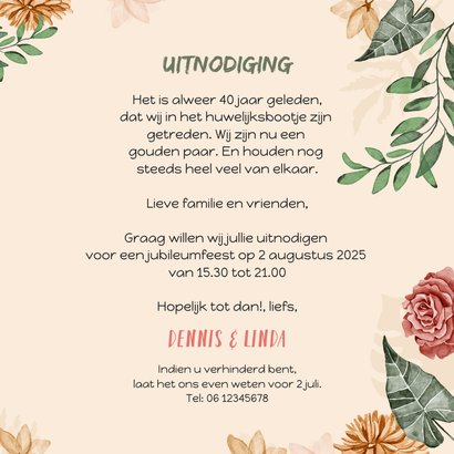 Uitnodigingskaart 40 jarig jubileum wegwijzers bloemen 3