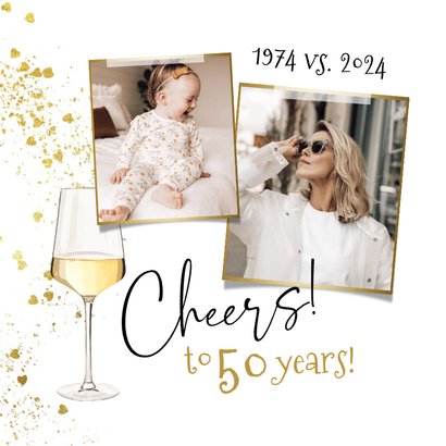 Uitnodigingskaart 50 jaar ballonnen goud confetti wijnglas 2