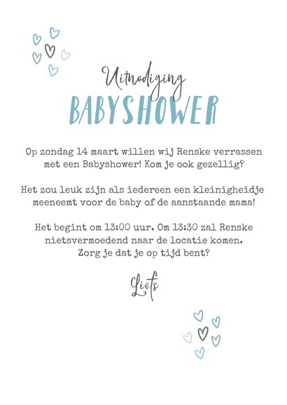 Uitnodigingskaart babyshower jongen regenboog hartjes foto 3