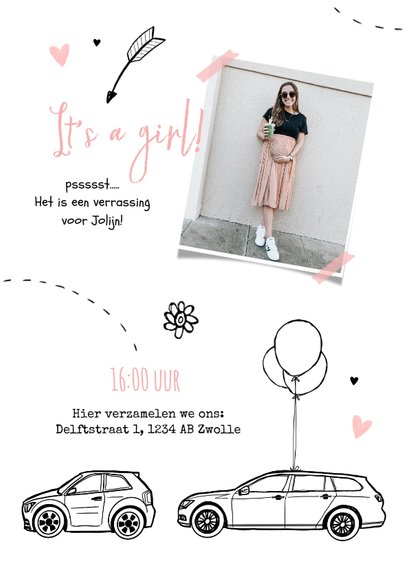 Uitnodigingskaart babyshower meisje auto drive in feestje 2