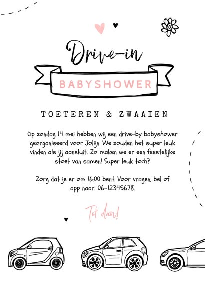 Uitnodigingskaart babyshower meisje auto drive in feestje 3