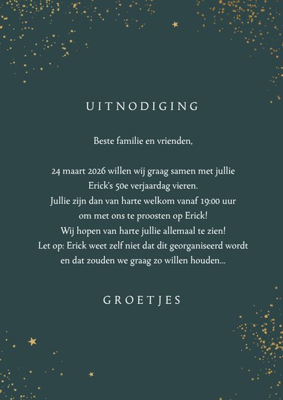 Uitnodigingskaart birthday party goud spetters sterren foto 3