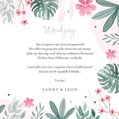 Uitnodigingskaart etentje bloemen waterverf hartjes zilver 3