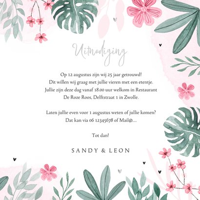 Uitnodigingskaart etentje bloemen waterverf hartjes zilver 3