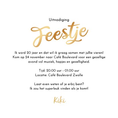 Uitnodigingskaart feestje verjaardag goud foto's confetti Achterkant