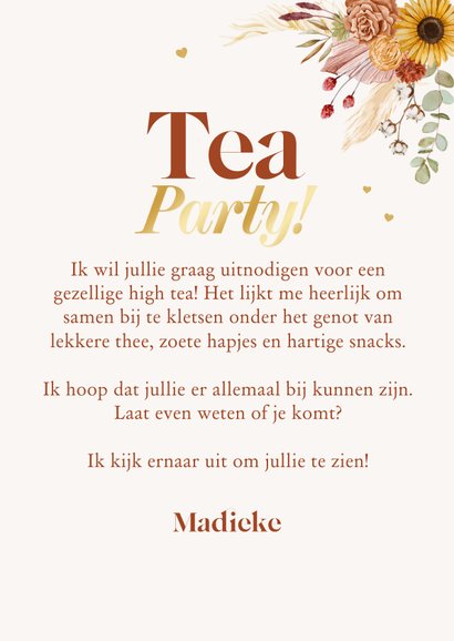 Uitnodigingskaart high tea bloemen goud theepot kopjes 3