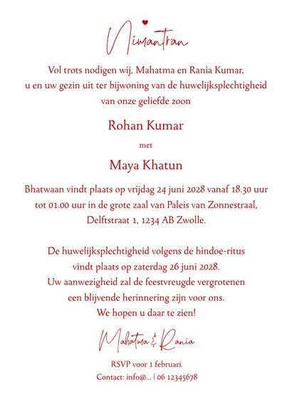 Uitnodigingskaart hindoestaans rood mandala hartjes bruiloft 3