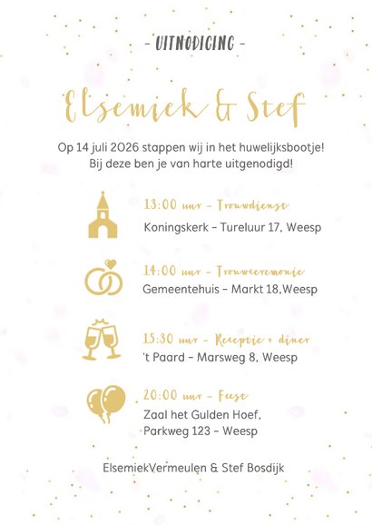 Uitnodigingskaart huwelijk fotocollage 3 foto's en confetti 3