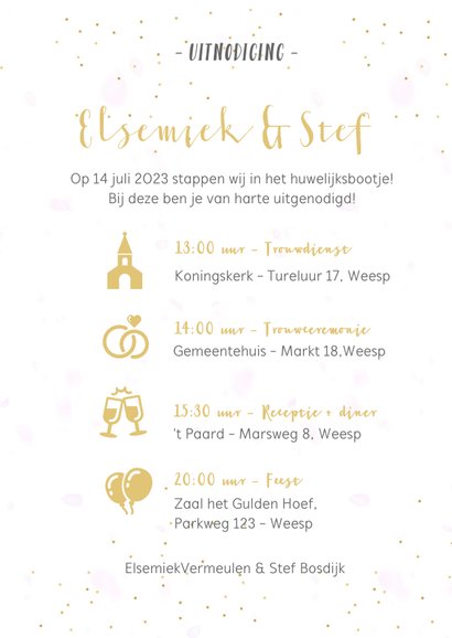 Uitnodigingskaart huwelijk fotocollage 3 foto's en confetti 3