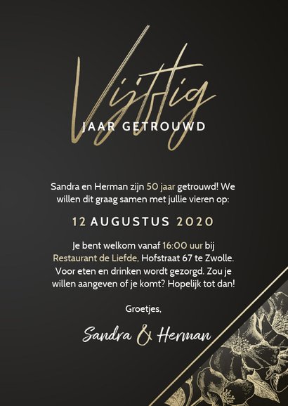 Uitnodigingskaart jubileum 50 jaar gouden bloemen en foto 3