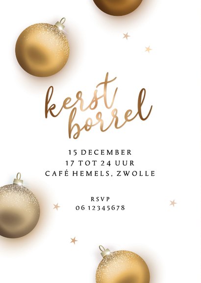 Uitnodigingskaart kerstborrel gouden kerstballen 2