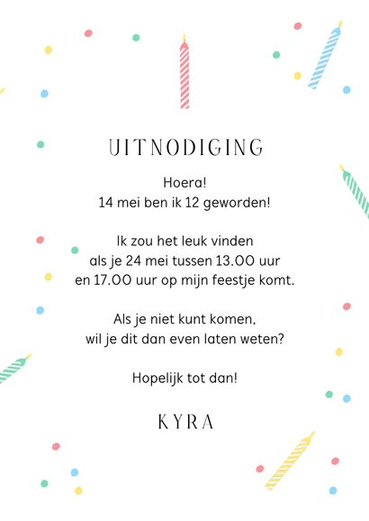 Uitnodigingskaart kinderfeestje kaarsjes foto confetti 3