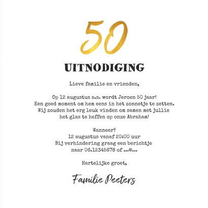 Uitnodigingskaart man verjaardag 50 jaar krijtbord goud 3
