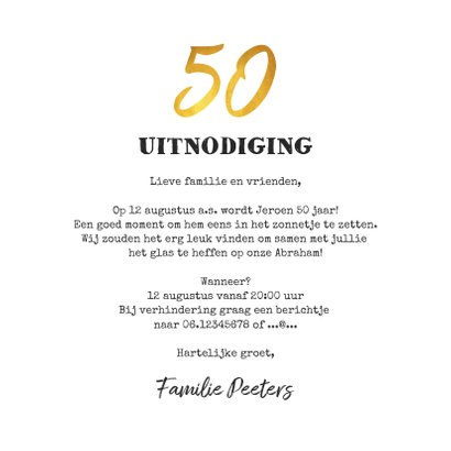 Uitnodigingskaart man verjaardag 50 jaar krijtbord goud 3
