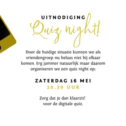 Uitnodigingskaart quiz night vrienden familie goud 3