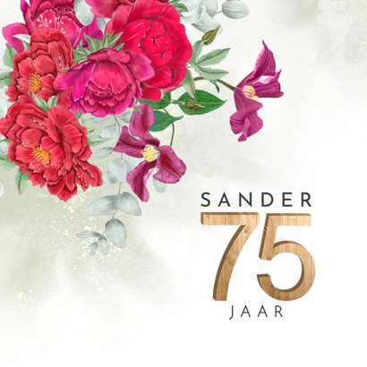 Uitnodigingskaart rode pioenrozen 75 jaar in hout 2