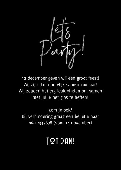 Uitnodigingskaart samen 100 let's party zilver grijs 3