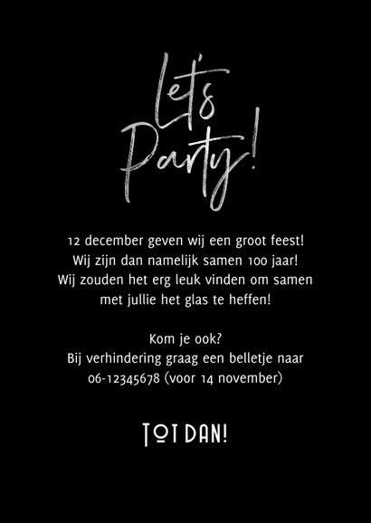 Uitnodigingskaart samen 100 let's party zilver grijs 3