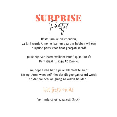 Uitnodigingskaart Sarah 50 jaar surprise grappig foto 3