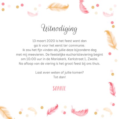 Uitnodigingskaart veertjes confetti communie lentefeest 3