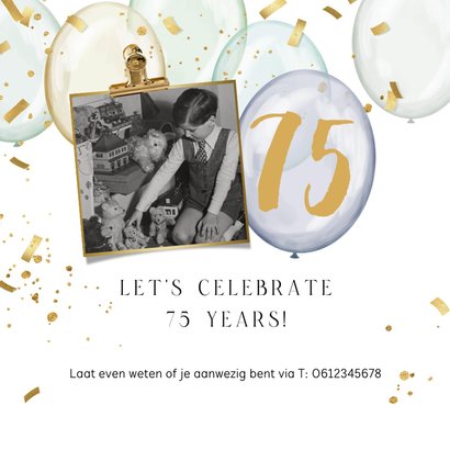 Uitnodigingskaart verjaardag getal ballonnen goud confetti 2