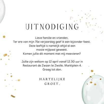 Uitnodigingskaart verjaardag getal ballonnen goud confetti 3