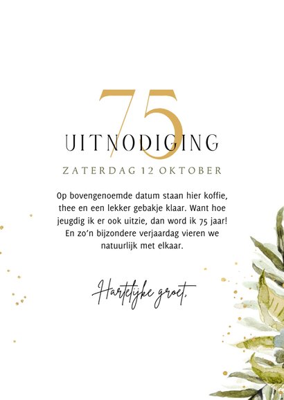 Uitnodigingskaart verjaardag getal goudfolie botanisch foto 3