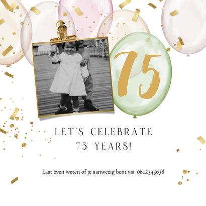 Uitnodigingskaart verjaardag vrouw ballonnen goud confetti 2
