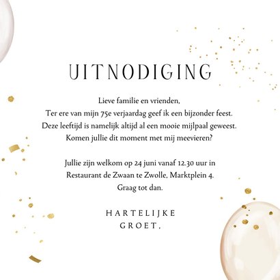 Uitnodigingskaart verjaardag vrouw ballonnen goud confetti 3