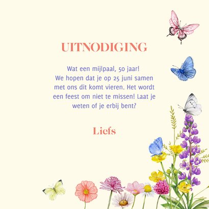 Uitnodigingskaart vlinders met veldbloemen 3