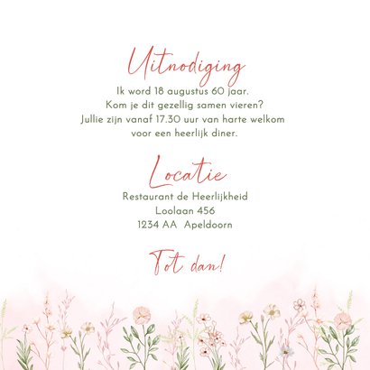 Uitnodigingskaart zestig jaar in aquarel met pastelbloemen 3