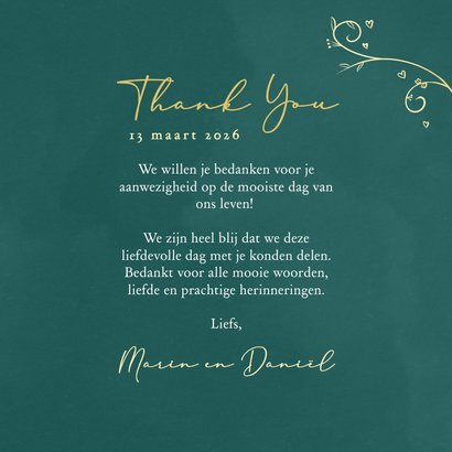 Unieke trouwkaart bedankt met gouden vogels groen 3