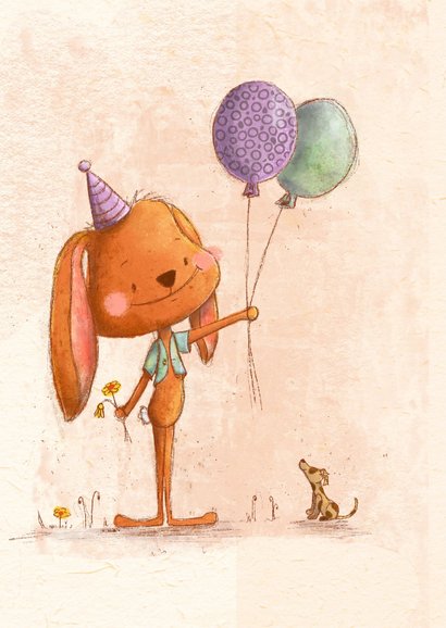 Vaderdagkaart met grappig konijn en ballonnen 2
