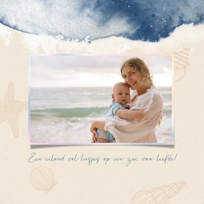 Vakantiekaart collage oceaan schelpen zand waterverf zee 2