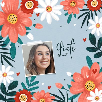 Vakantiekaart fleurig met bloemen hartjes en eigen foto 2