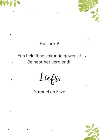 Vakantiekaart met roze flamingo, fijne vakantie! 3