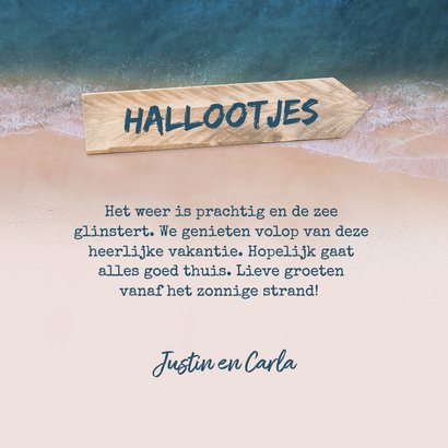 Vakantiekaart strand zee goud foto hout 3