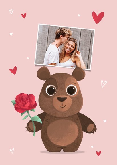Valentijnskaart beer i love you hartjes roos 2