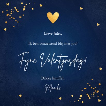 Valentijnskaart donkerblauw foto confetti goudlook 3