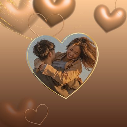 Valentijnskaart eigen foto stijlvol goud glans 3d hartjes 2